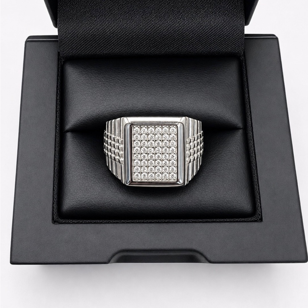 925 Sterling Silver Men's Square Pavé Silver Ring CZ Stones Size 11